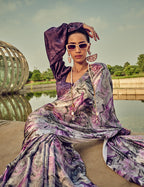 Monjolika Fashion White & Purple Digital Print Satin Trendy Saree - Distacart