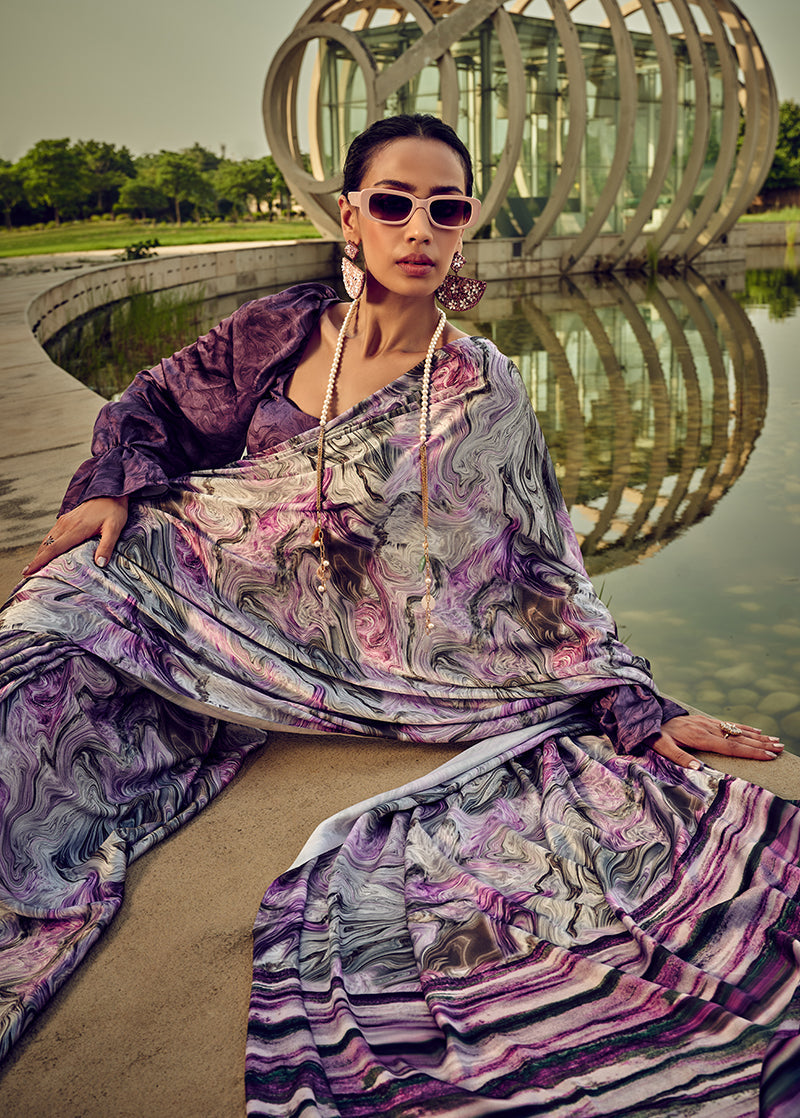 Monjolika Fashion White & Purple Digital Print Satin Trendy Saree - Distacart
