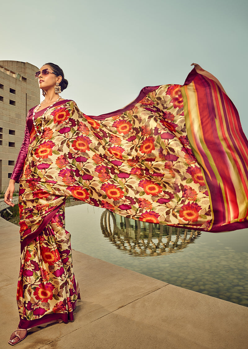Monjolika Fashion Multicolor Digital Print Satin Trendy Saree - Distacart