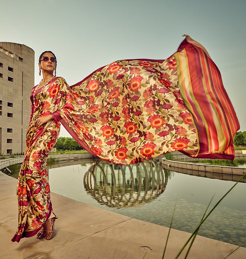 Monjolika Fashion Multicolor Digital Print Satin Trendy Saree - Distacart