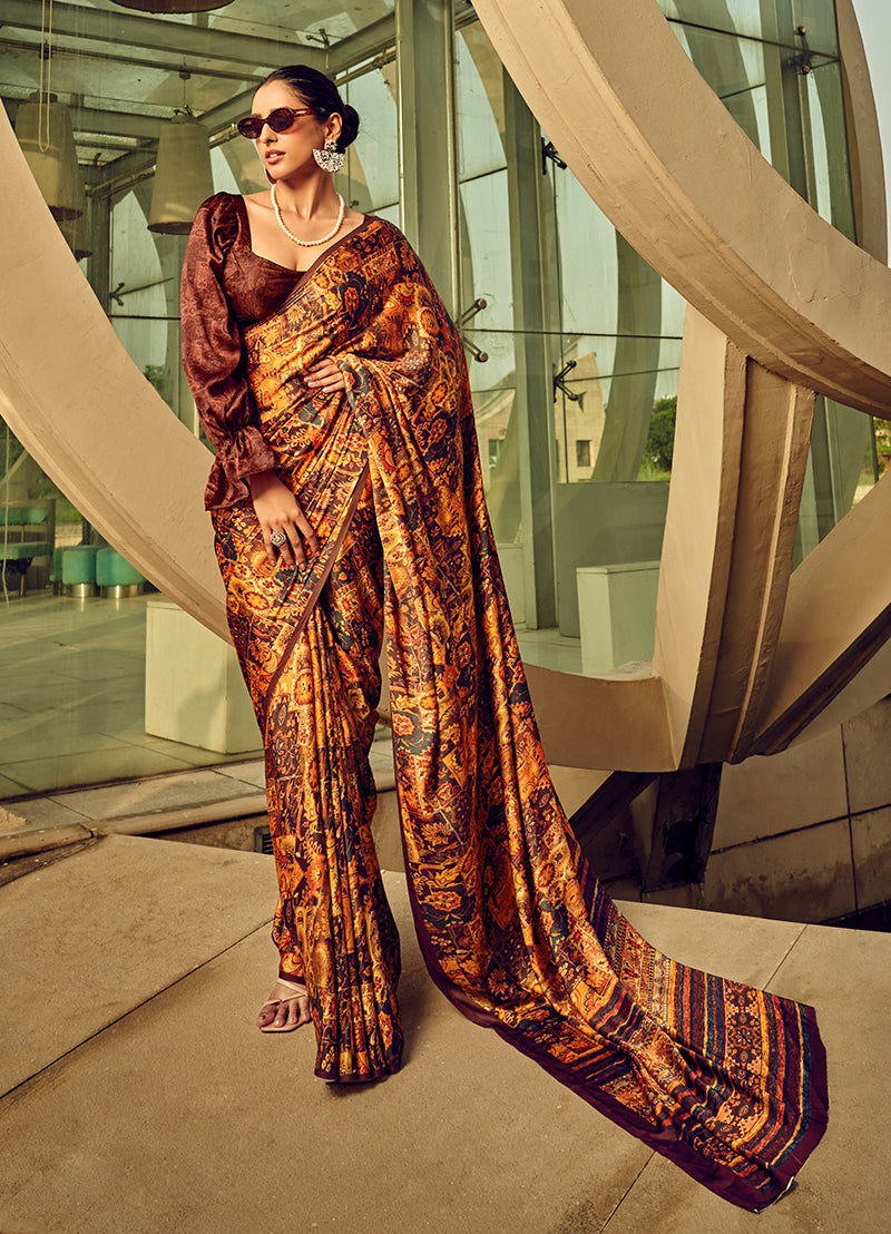 Monjolika Fashion Multicolor Digital Print Satin Trendy Saree - Distacart