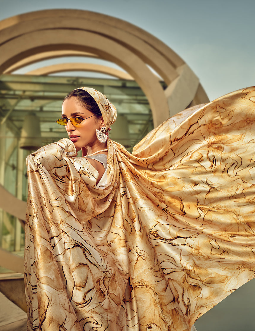 Monjolika Fashion Off White & Beige Digital Print Satin Trendy Saree