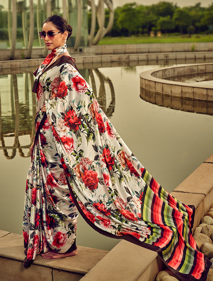 Monjolika Fashion Off White & Red Digital Print Satin Trendy Saree - Distacart