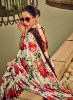 Monjolika Fashion Off White & Red Digital Print Satin Trendy Saree - Distacart