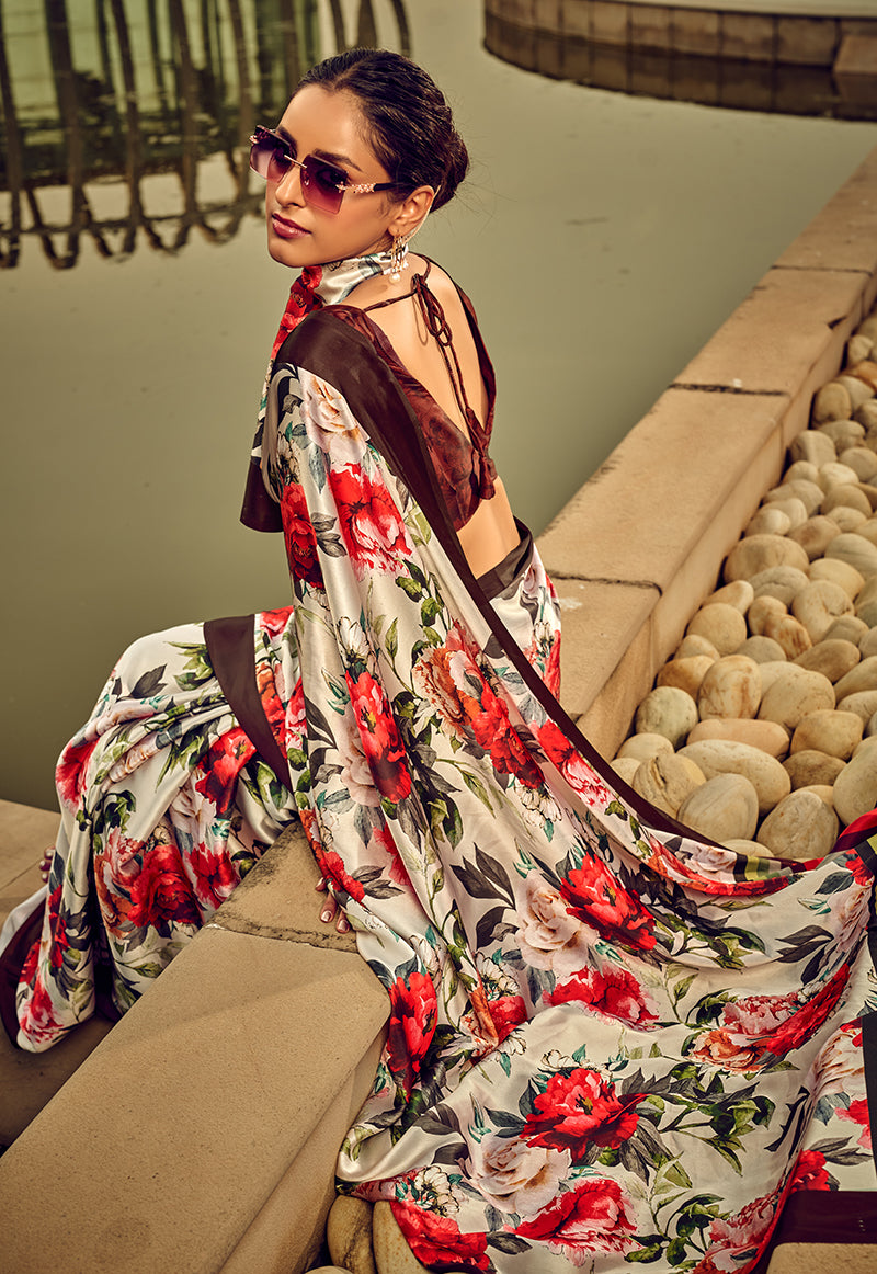 Monjolika Fashion Off White & Red Digital Print Satin Trendy Saree - Distacart