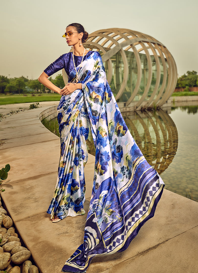 Monjolika Fashion Off White & Blue Digital Print Satin Trendy Saree - Distacart