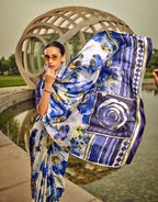 Monjolika Fashion Off White & Blue Digital Print Satin Trendy Saree - Distacart