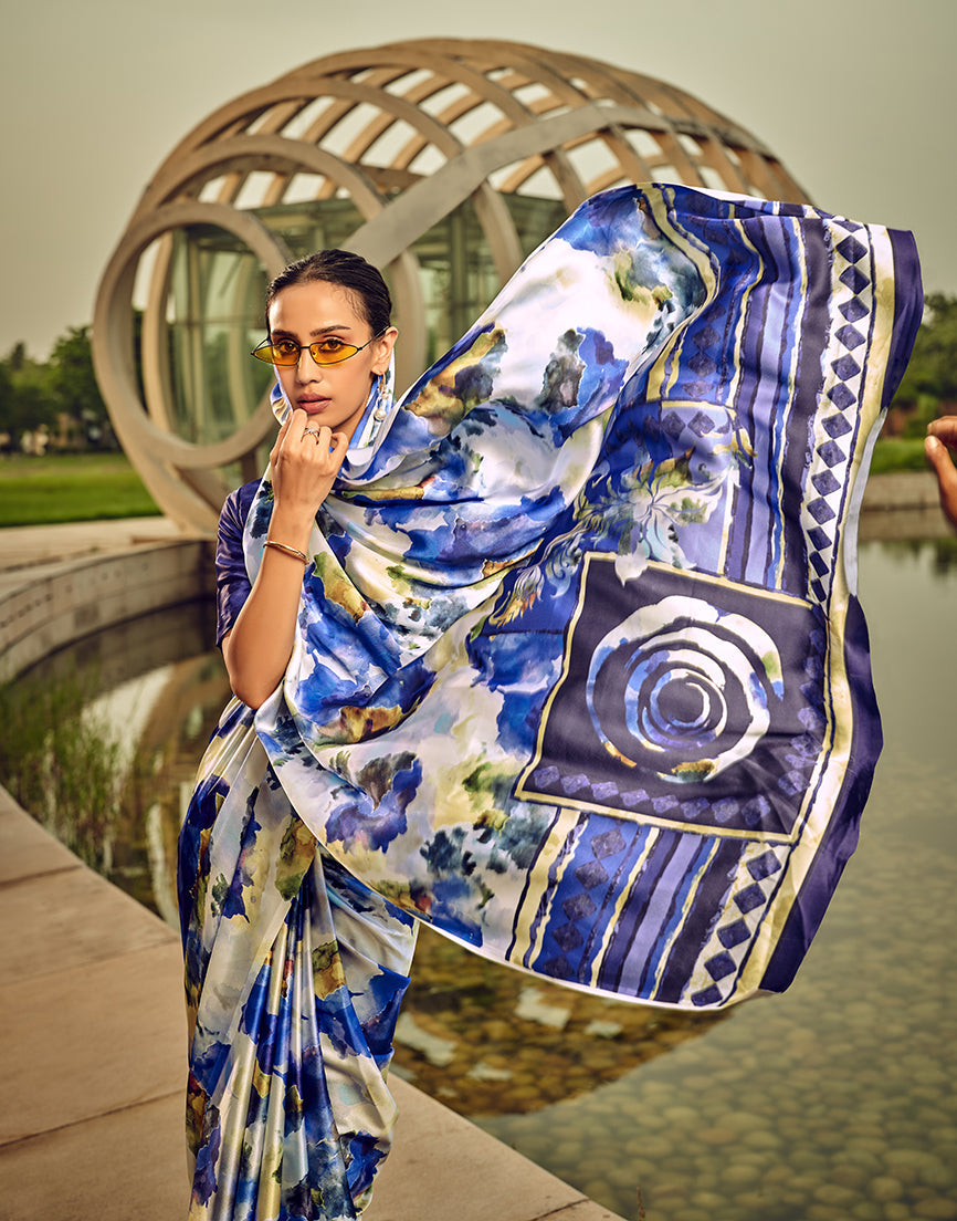 Monjolika Fashion Off White & Blue Digital Print Satin Trendy Saree - Distacart