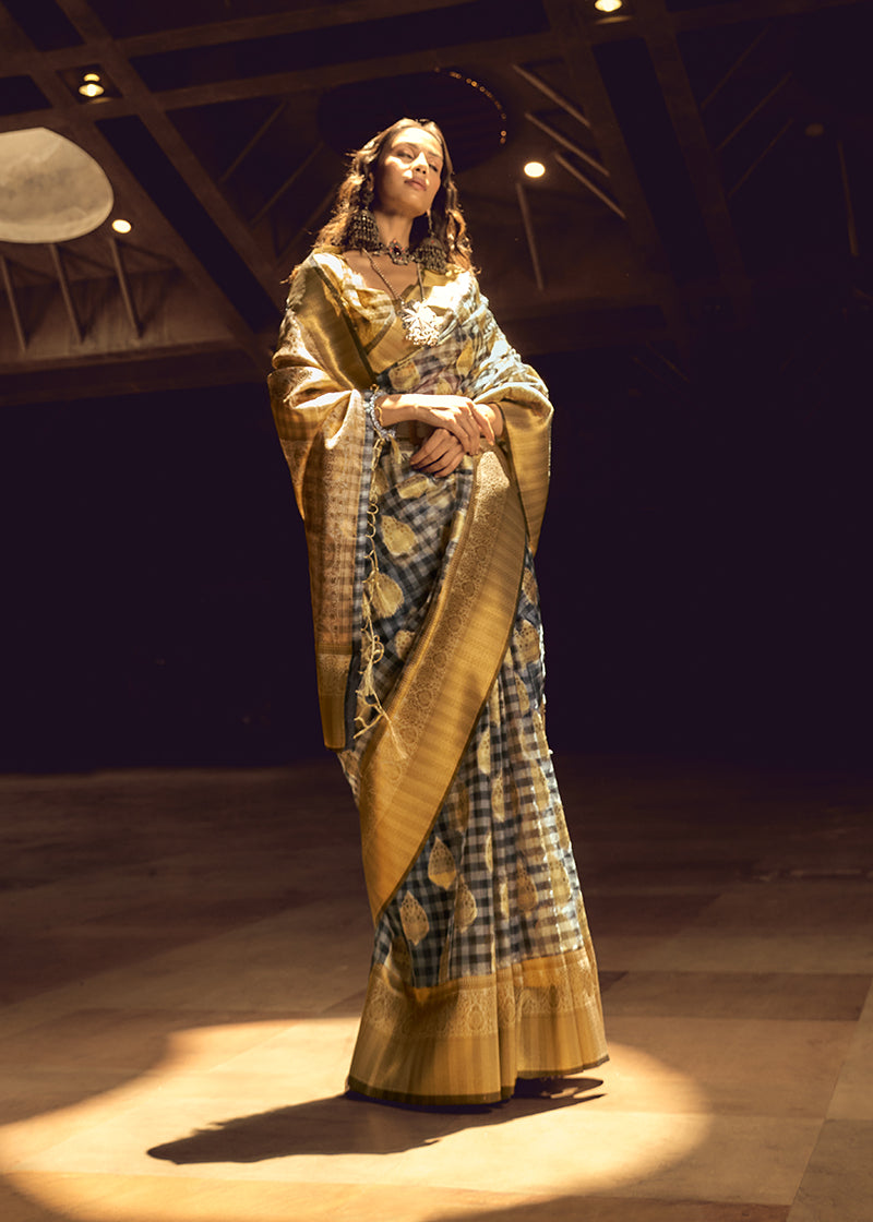 Monjolika Fashion Black & Gold Colour Organza Weaving Checks Saree With Blouse - Distacart