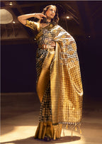 Monjolika Fashion Black & Gold Colour Organza Weaving Checks Saree With Blouse - Distacart