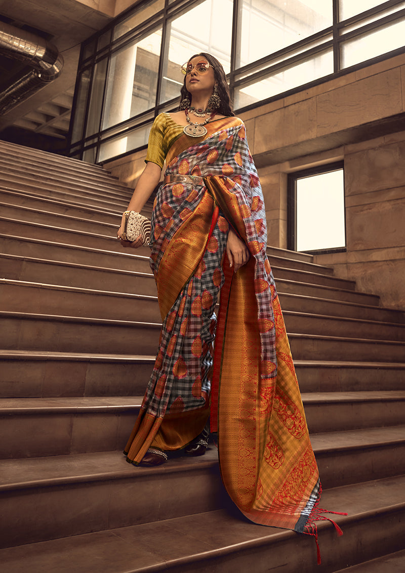 Monjolika Fashion Black & Red Colour Organza Weaving Checks Saree With Blouse - Distacart