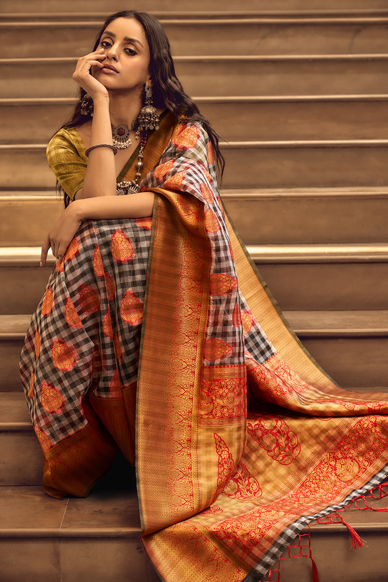 Monjolika Fashion Black & Red Colour Organza Weaving Checks Saree With Blouse - Distacart
