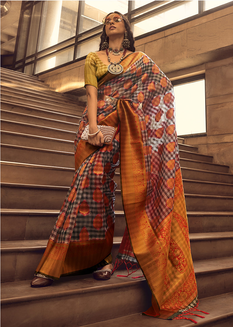 Monjolika Fashion Black & Red Colour Organza Weaving Checks Saree With Blouse - Distacart
