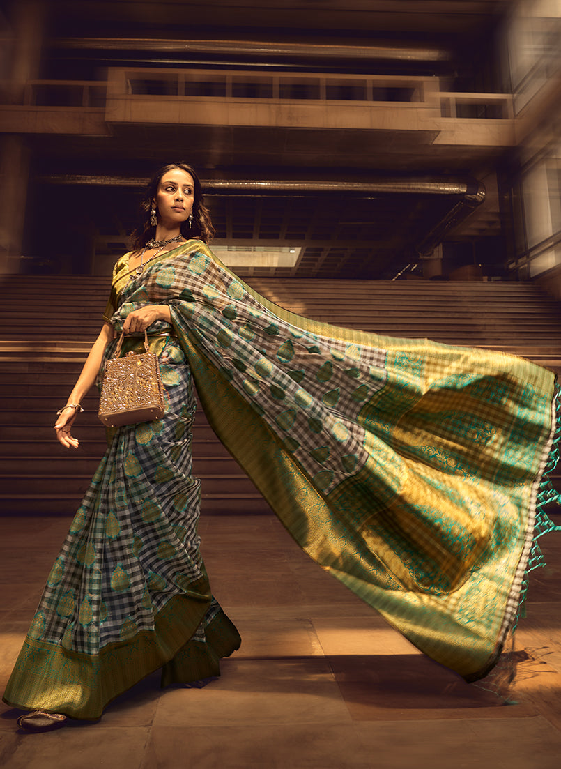 Monjolika Fashion Black & Cyan Colour Organza Weaving Checks Saree With Blouse - Distacart