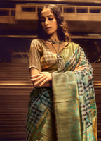 Monjolika Fashion Black & Cyan Colour Organza Weaving Checks Saree With Blouse - Distacart