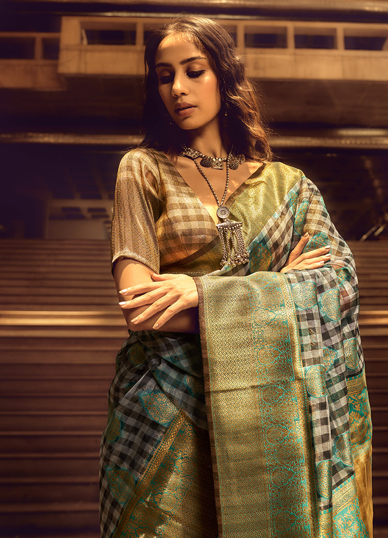 Monjolika Fashion Black & Cyan Colour Organza Weaving Checks Saree With Blouse - Distacart