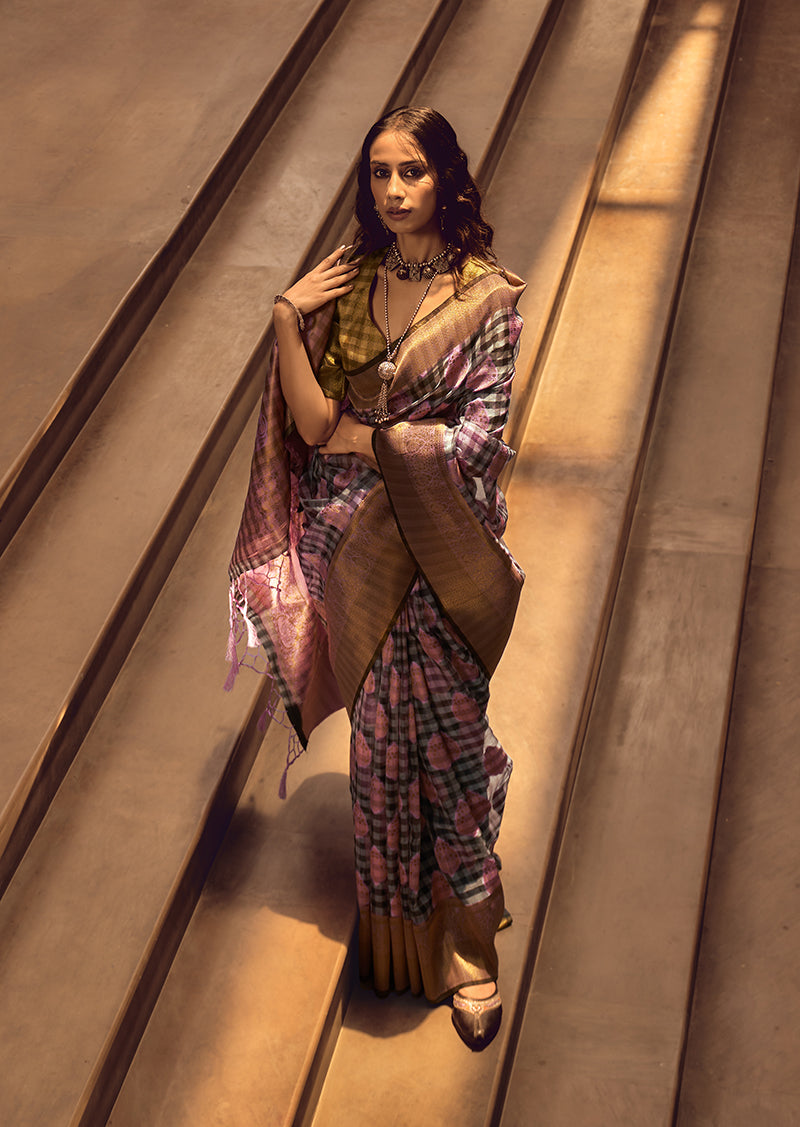 Monjolika Fashion Black & Baby Pink Colour Organza Weaving Checks Saree With Blouse - Distacart