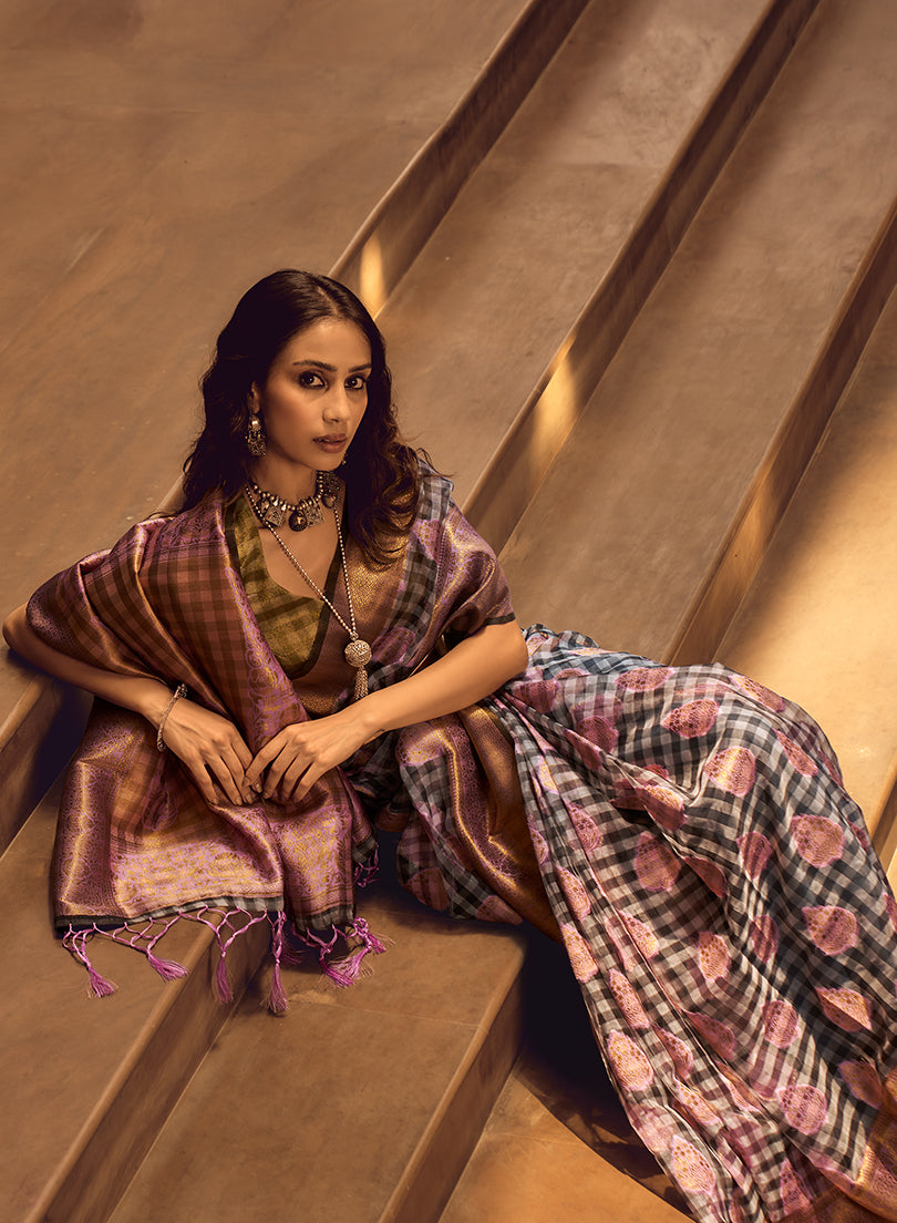 Monjolika Fashion Black & Baby Pink Colour Organza Weaving Checks Saree With Blouse - Distacart