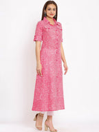 HERE&NOW Pink Shirt Collar Chevron Printed Roll Up Sleeves A-Line Kurta
