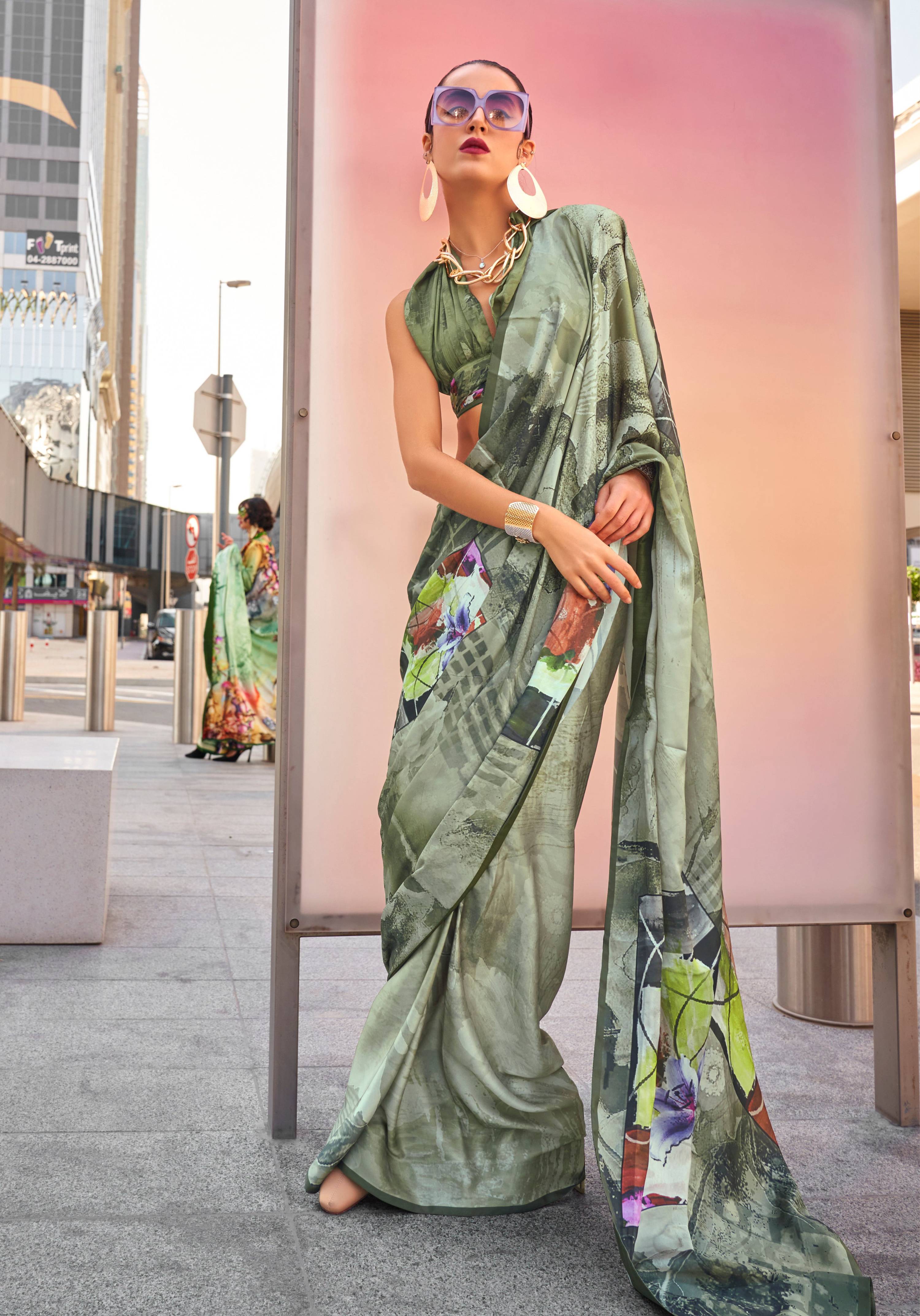 Monjolika Fashion Light Olive Color Swiss Satin Printed Saree With Blouse - Distacart