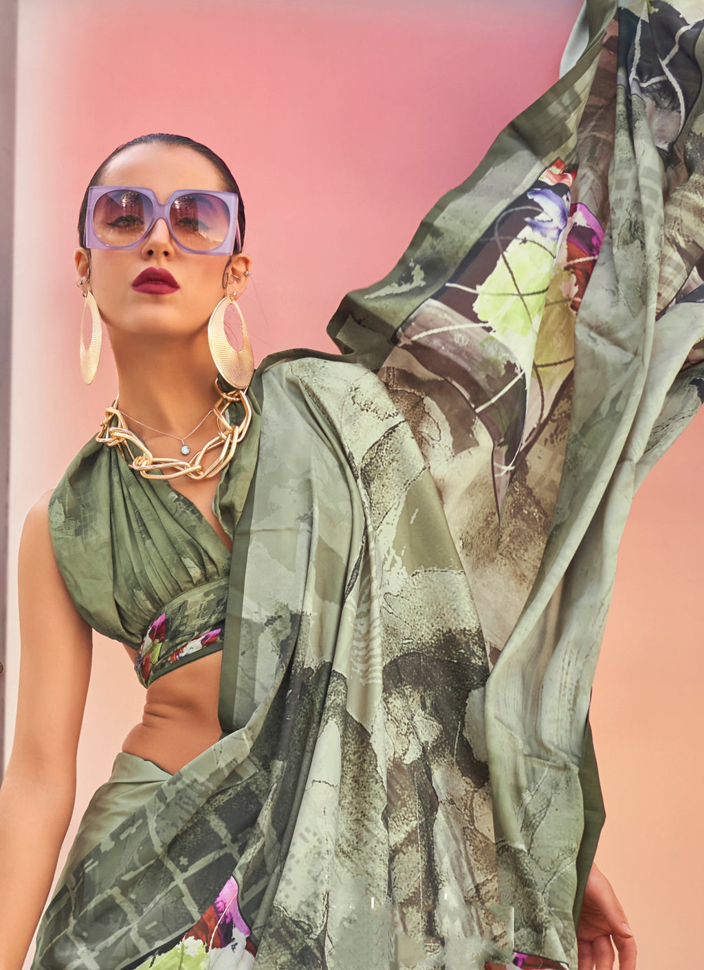 Monjolika Fashion Light Olive Color Swiss Satin Printed Saree With Blouse - Distacart