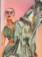 Monjolika Fashion Light Olive Color Swiss Satin Printed Saree With Blouse - Distacart