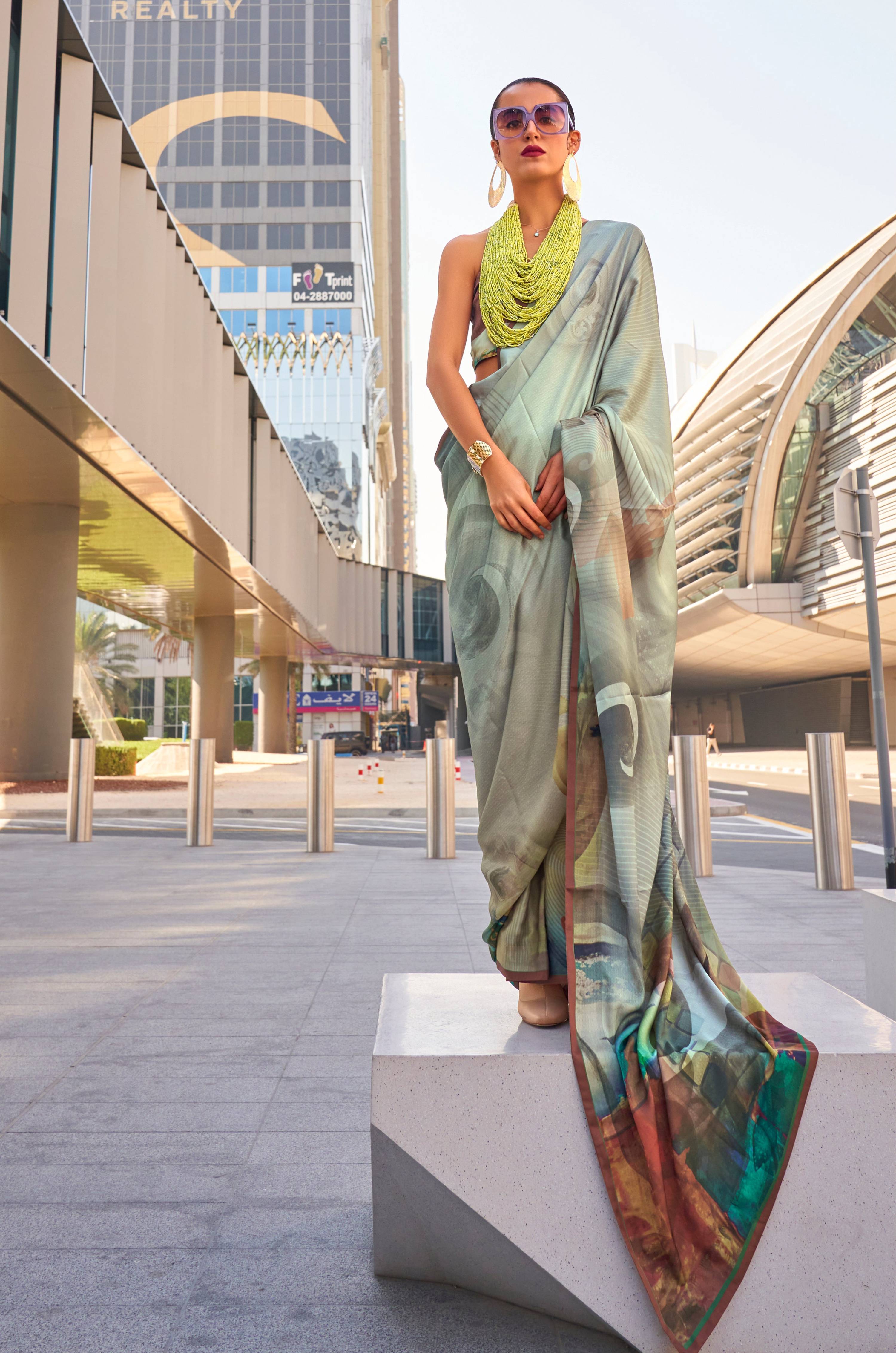 Monjolika Fashion Grey Color Swiss Satin Printed Saree With Blouse - Distacart