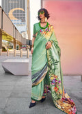 Monjolika Fashion Sea Green Color Swiss Satin Printed Saree With Blouse - Distacart