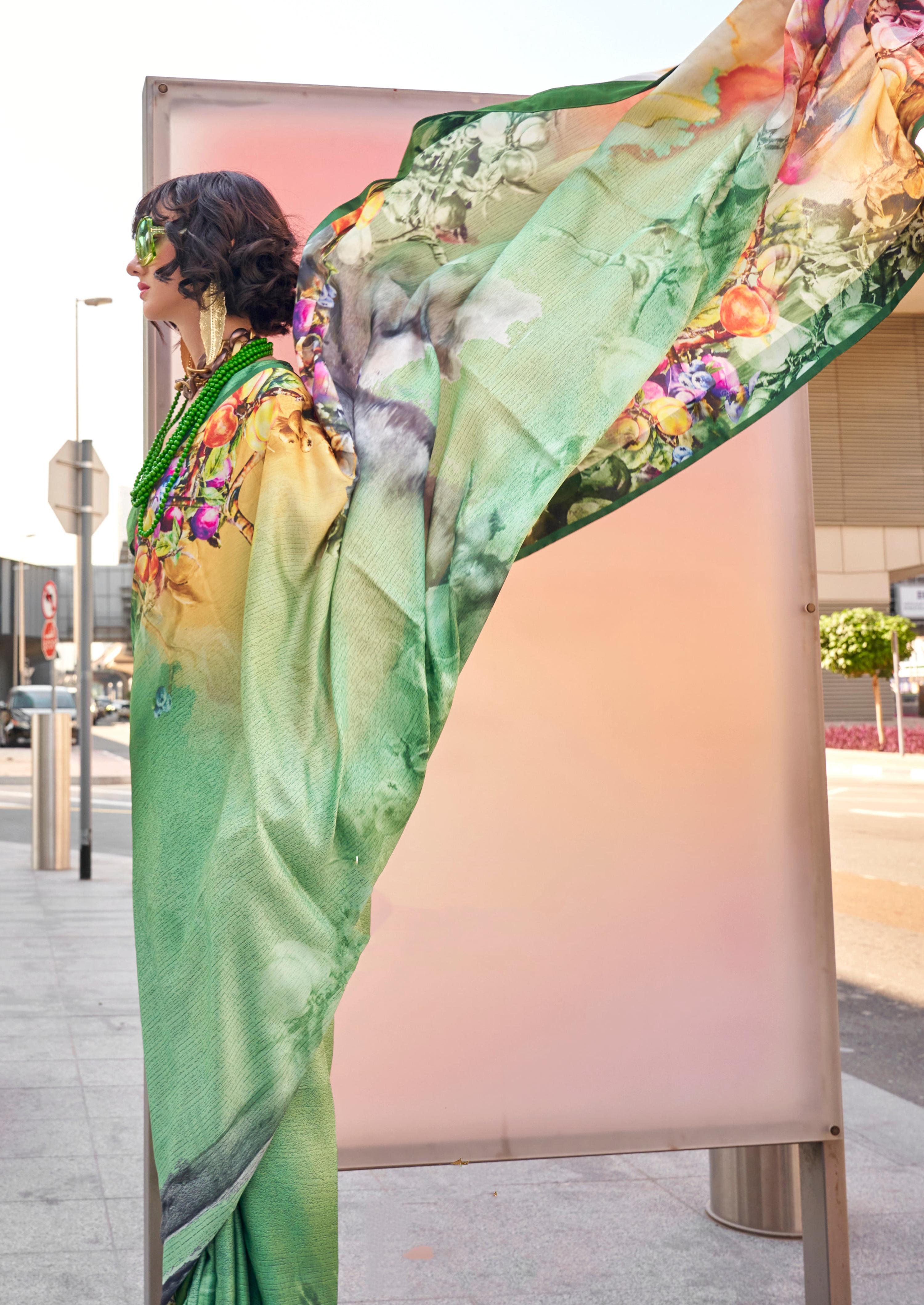 Monjolika Fashion Sea Green Color Swiss Satin Printed Saree With Blouse - Distacart