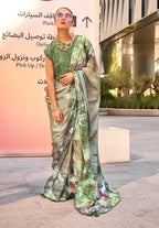 Monjolika Fashion Light Olive Color Swiss Satin Printed Saree With Blouse - Distacart
