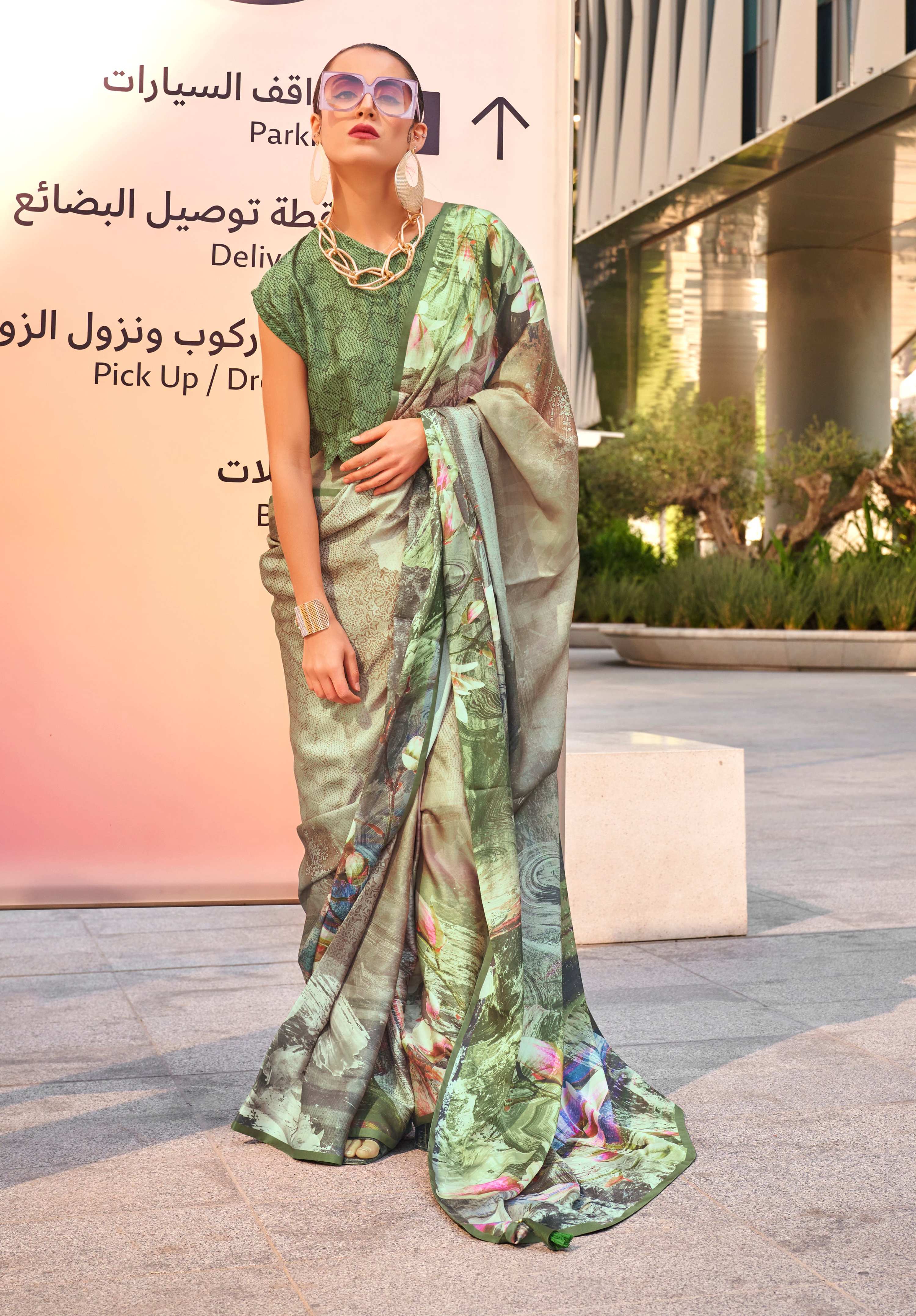 Monjolika Fashion Light Olive Color Swiss Satin Printed Saree With Blouse - Distacart