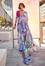 Monjolika Fashion Light Blue Color Swiss Satin Printed Saree With Blouse - Distacart