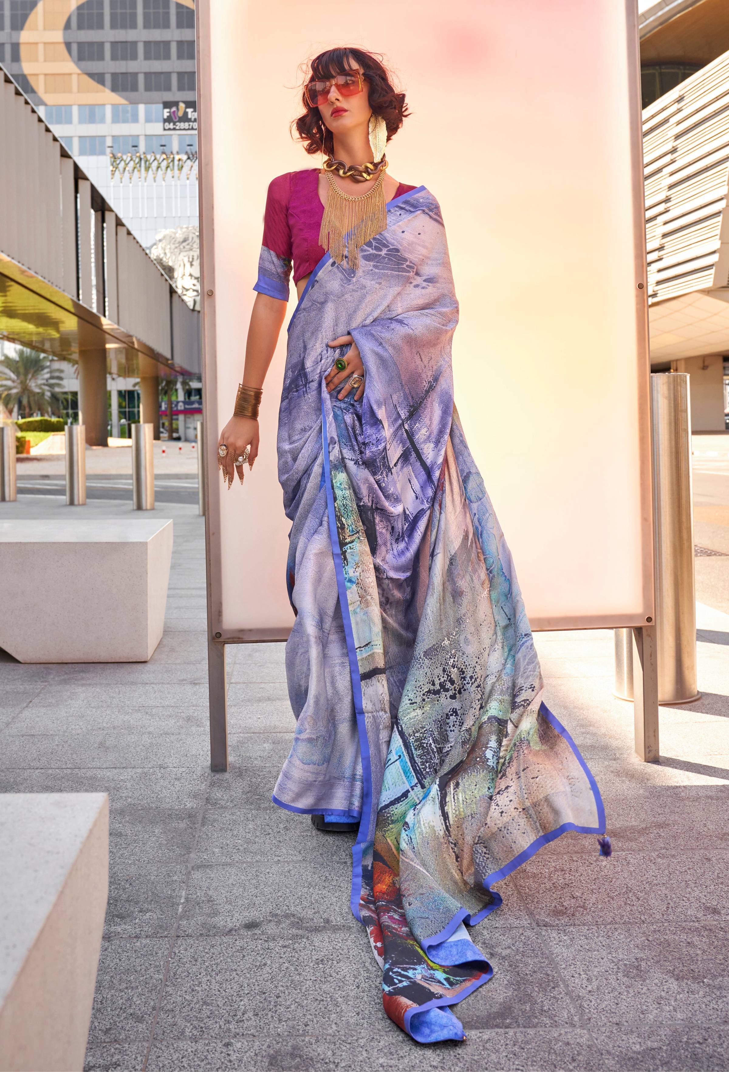 Monjolika Fashion Light Blue Color Swiss Satin Printed Saree With Blouse - Distacart