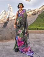 Monjolika Fashion Black Color Swiss Satin Printed Saree With Blouse - Distacart