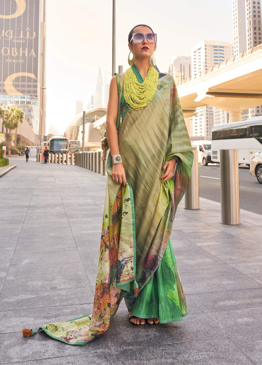 Monjolika Fashion Beige Color Swiss Satin Printed Saree With Blouse - Distacart
