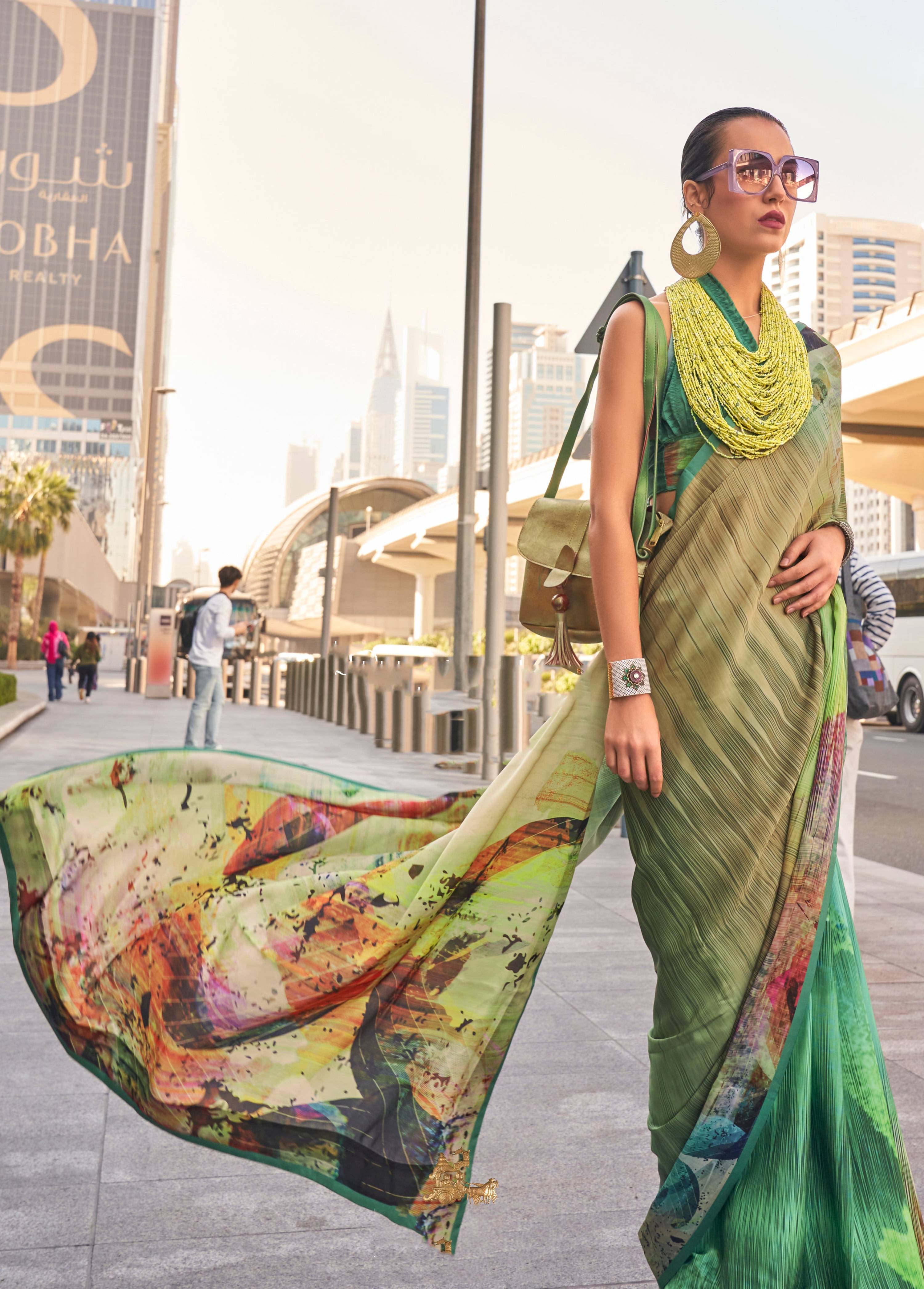 Monjolika Fashion Beige Color Swiss Satin Printed Saree With Blouse - Distacart