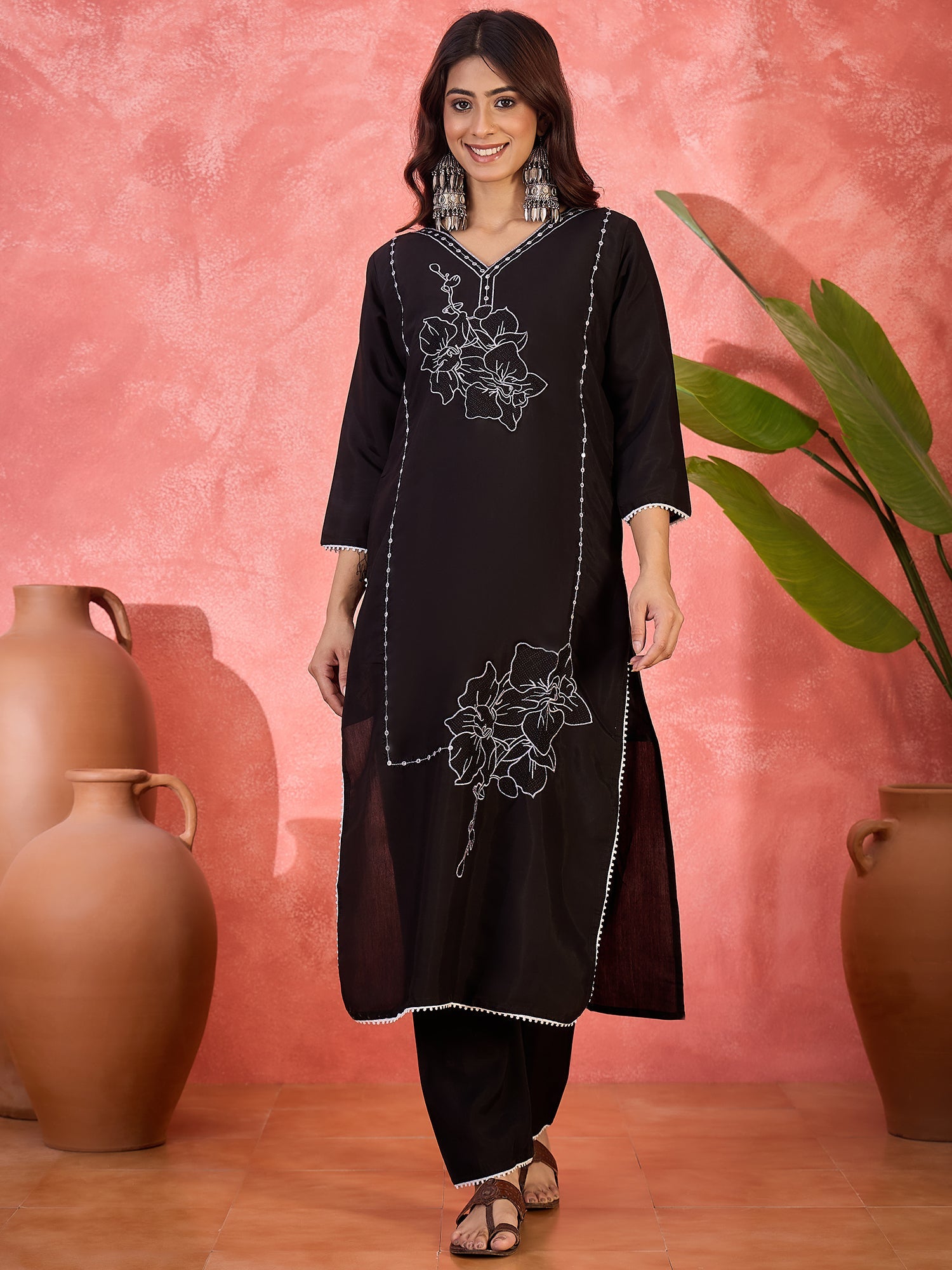 Joban Fashion Black Silk Embroidery Readymade Kurta Set - Distacart