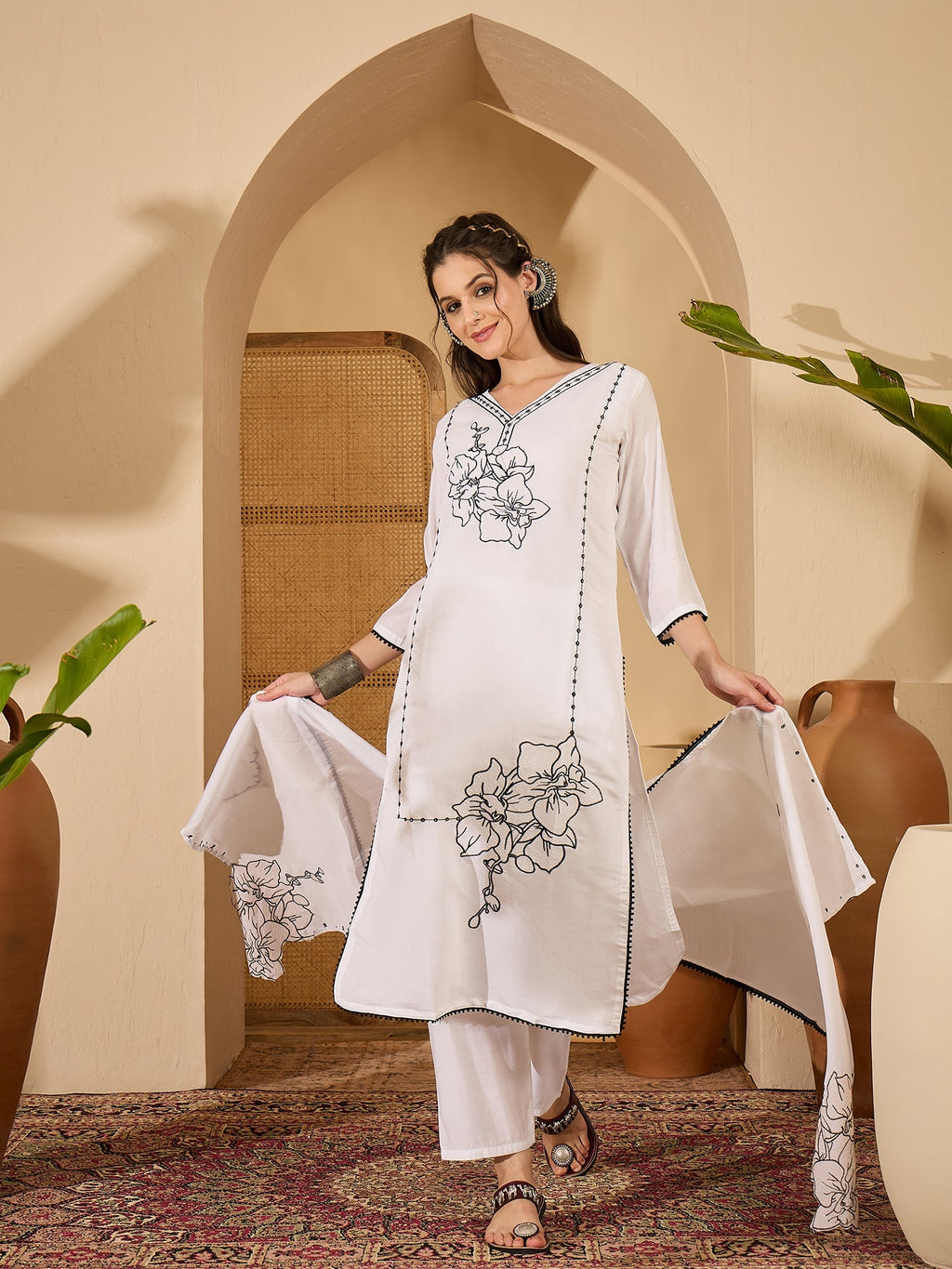 Joban Fashion White Silk Embroidery Readymade Kurta Set - Distacart