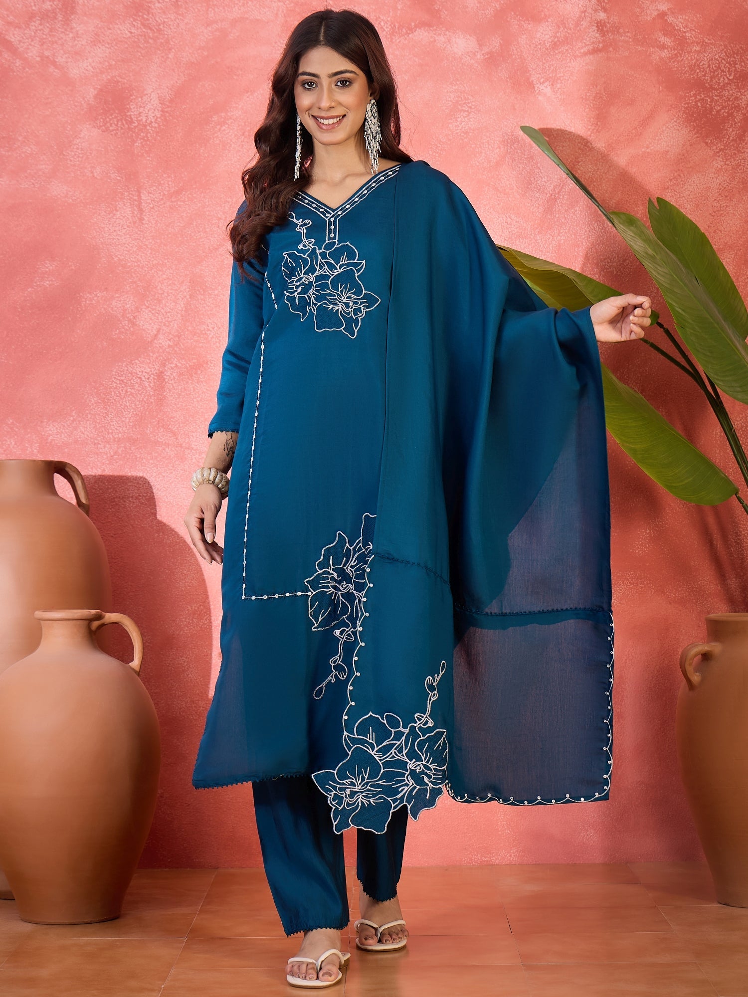 Joban Fashion Teal Silk Embroidery Readymade Kurta Set - Distacart