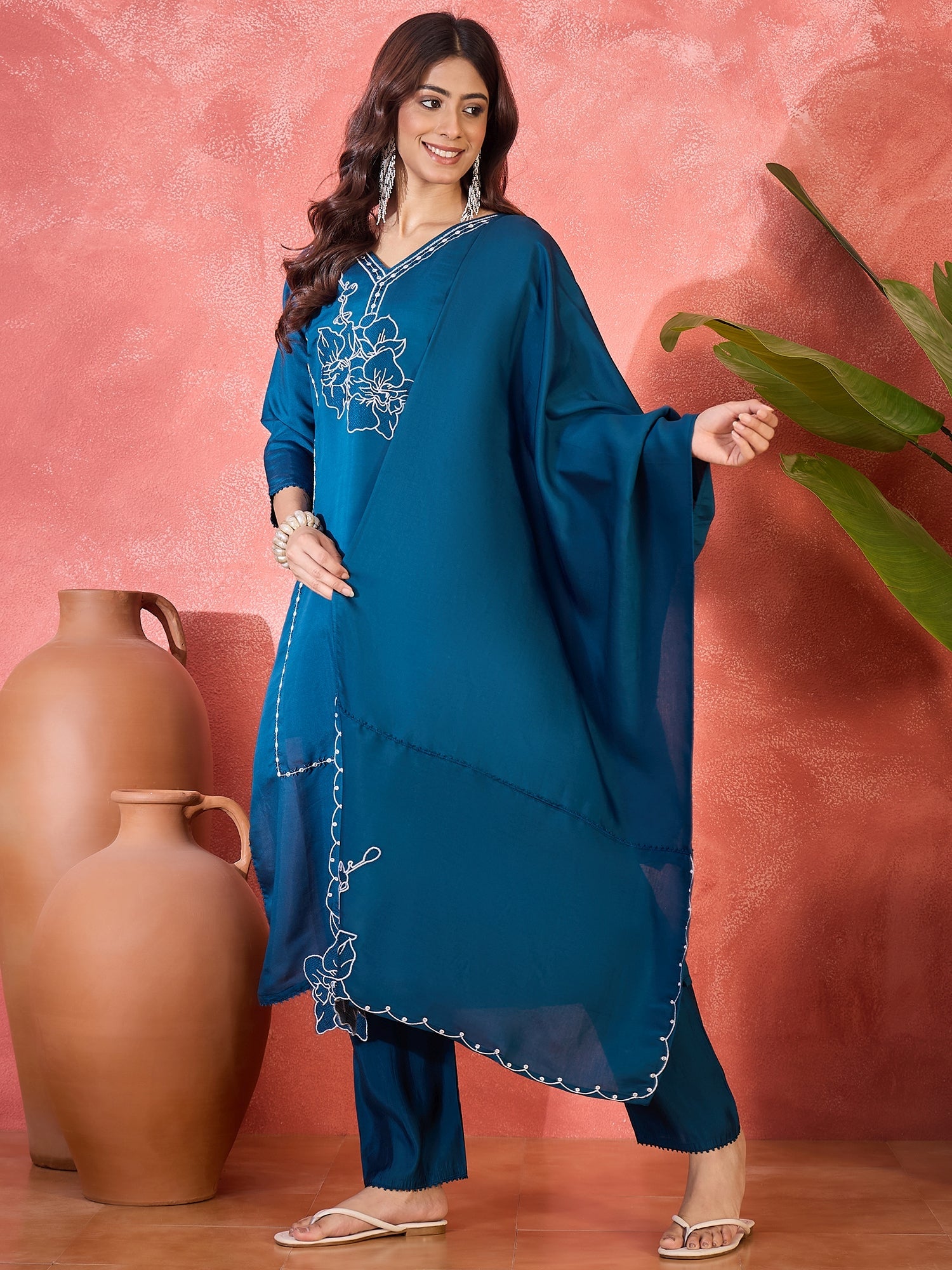Joban Fashion Teal Silk Embroidery Readymade Kurta Set - Distacart