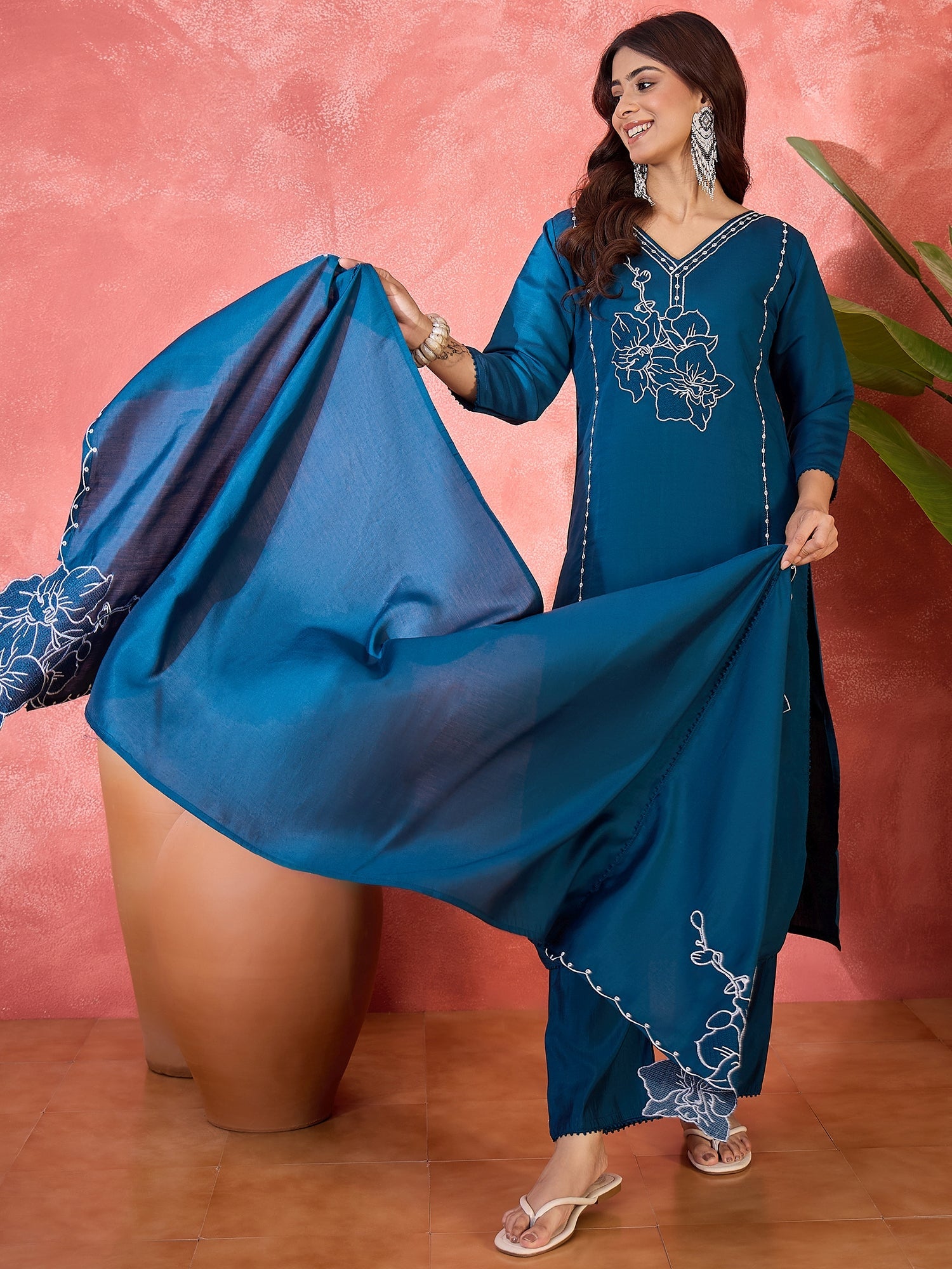 Joban Fashion Teal Silk Embroidery Readymade Kurta Set - Distacart