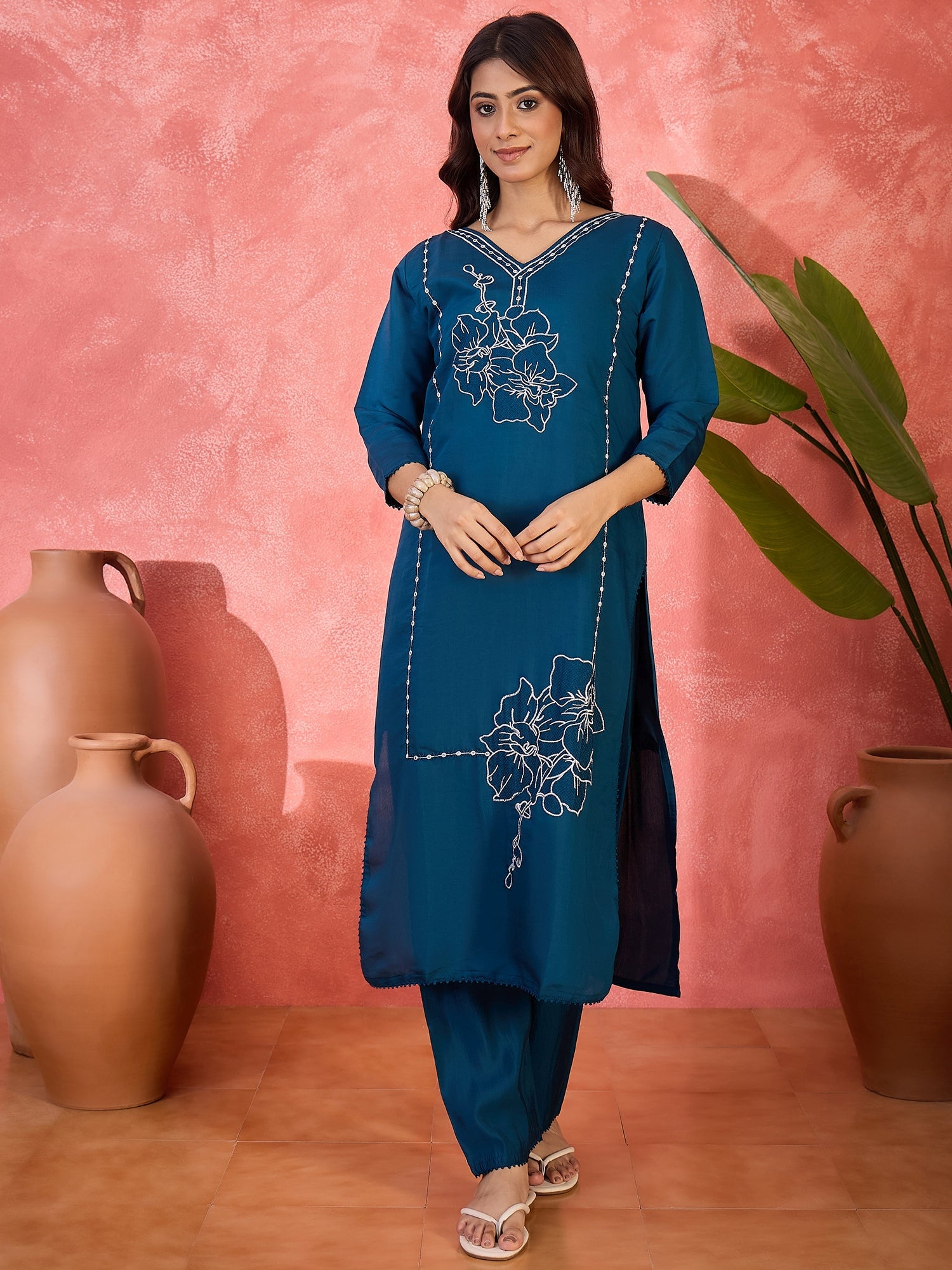 Joban Fashion Teal Silk Embroidery Readymade Kurta Set - Distacart