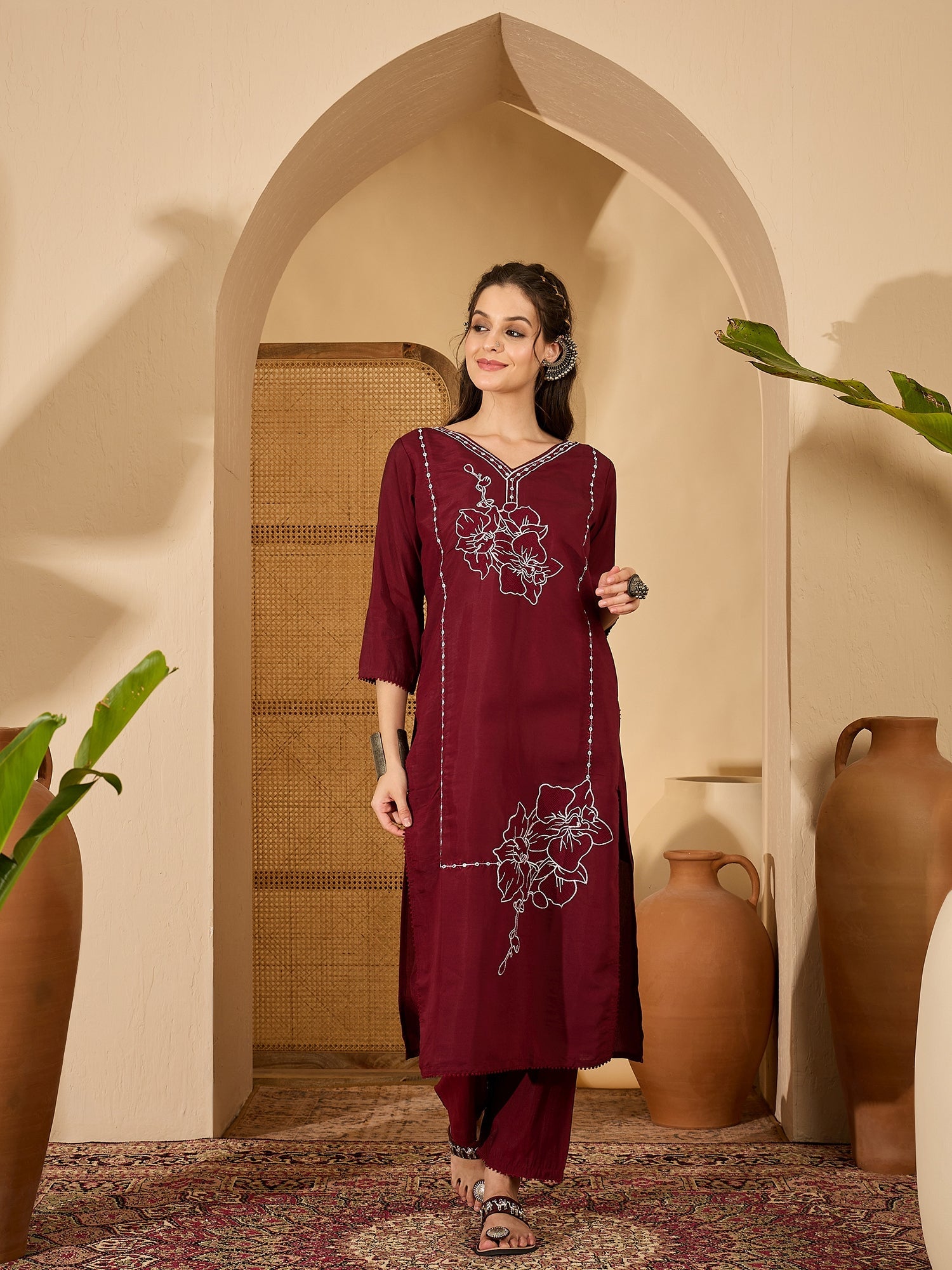 Joban Fashion Maroon Silk Embroidery Readymade Kurta Set - Distacart
