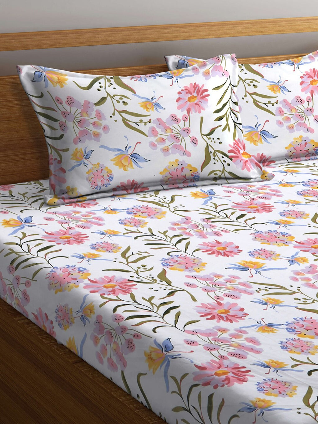 KLOTTHE Floral 300 TC Fitted Super King Bedsheet with 2 Pillow Covers