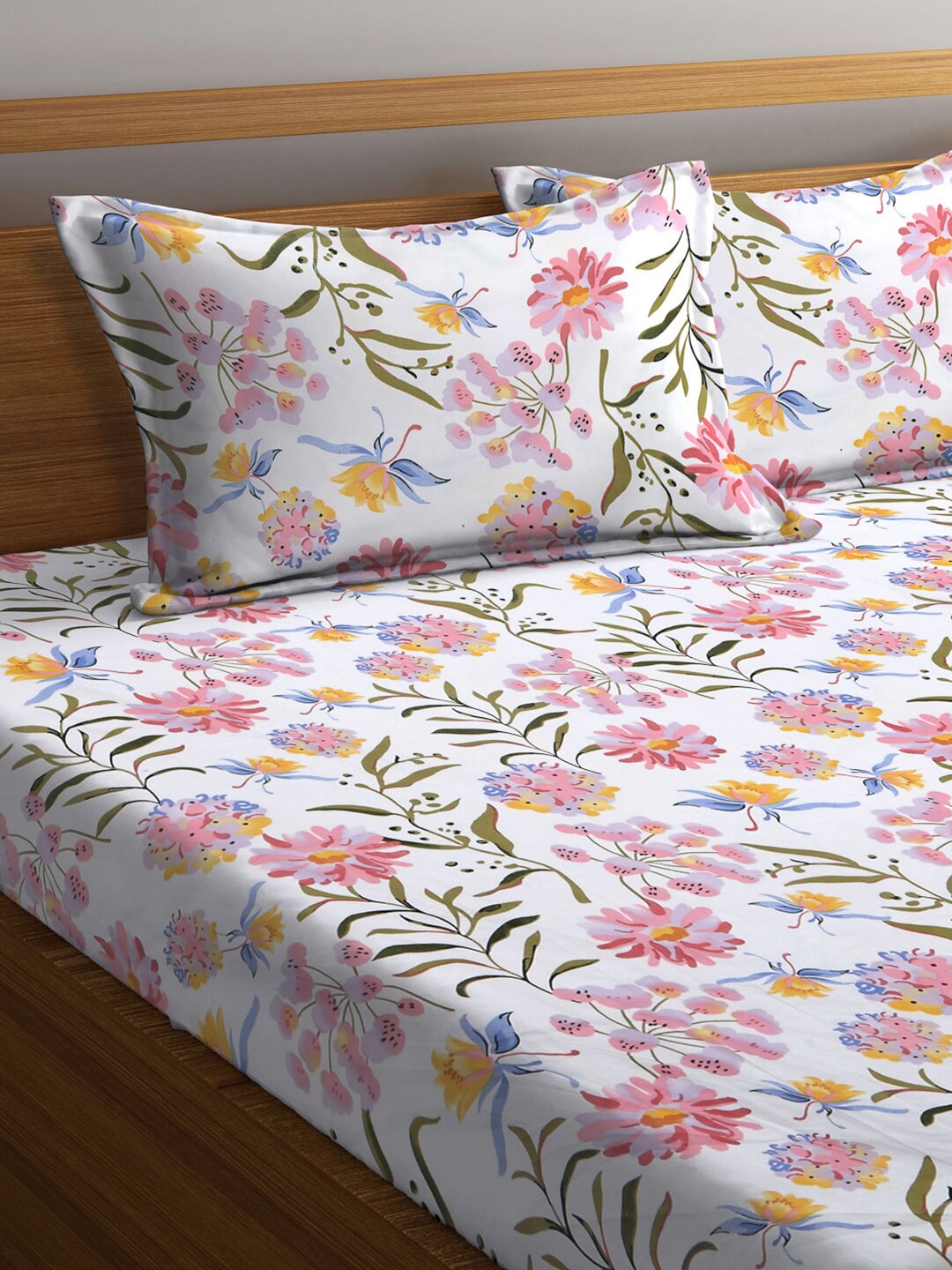 KLOTTHE Floral 300 TC Fitted Super King Bedsheet with 2 Pillow Covers