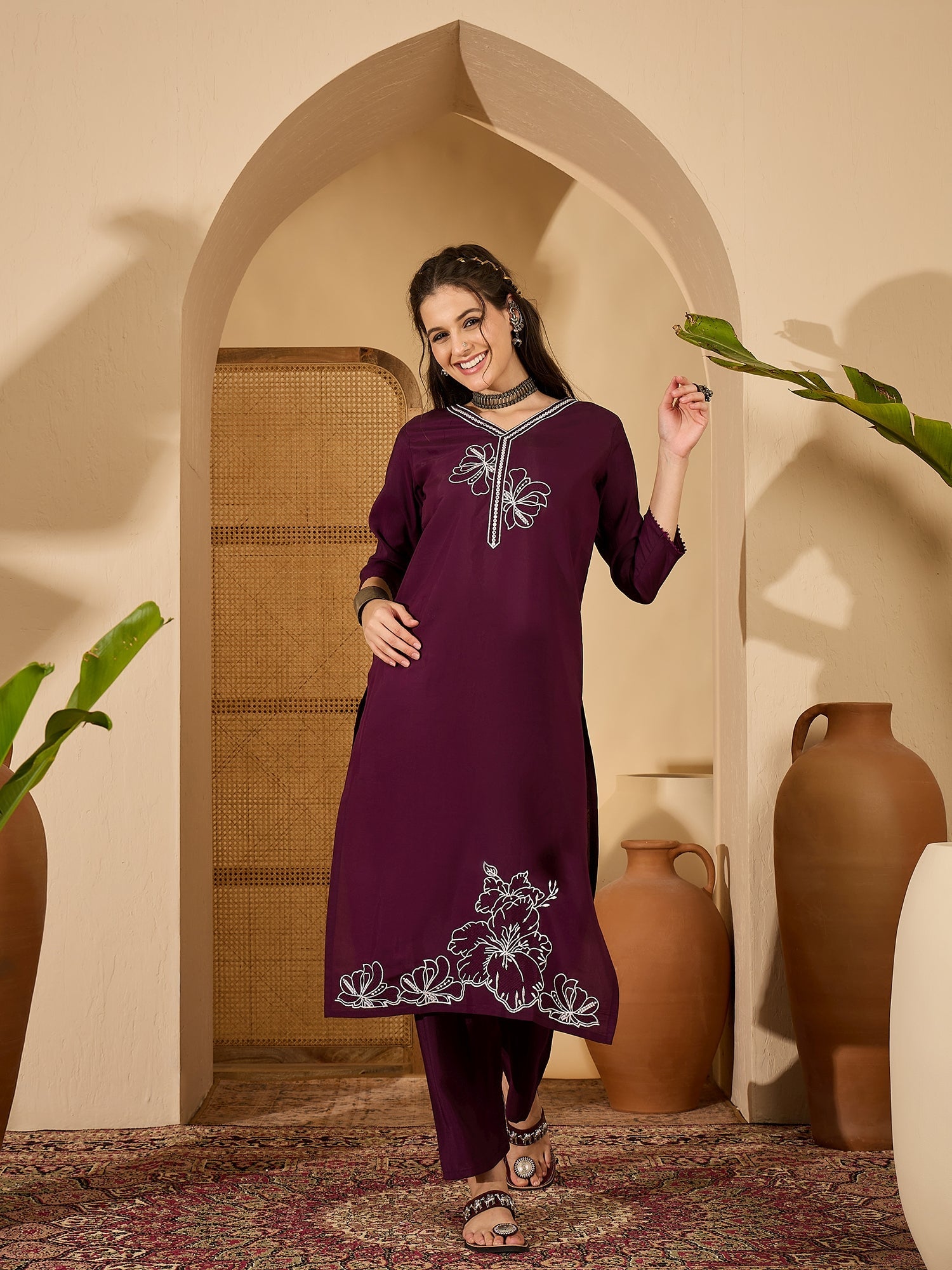 Joban Fashion Purple Silk Embroidery Readymade Kurta Set - Distacart