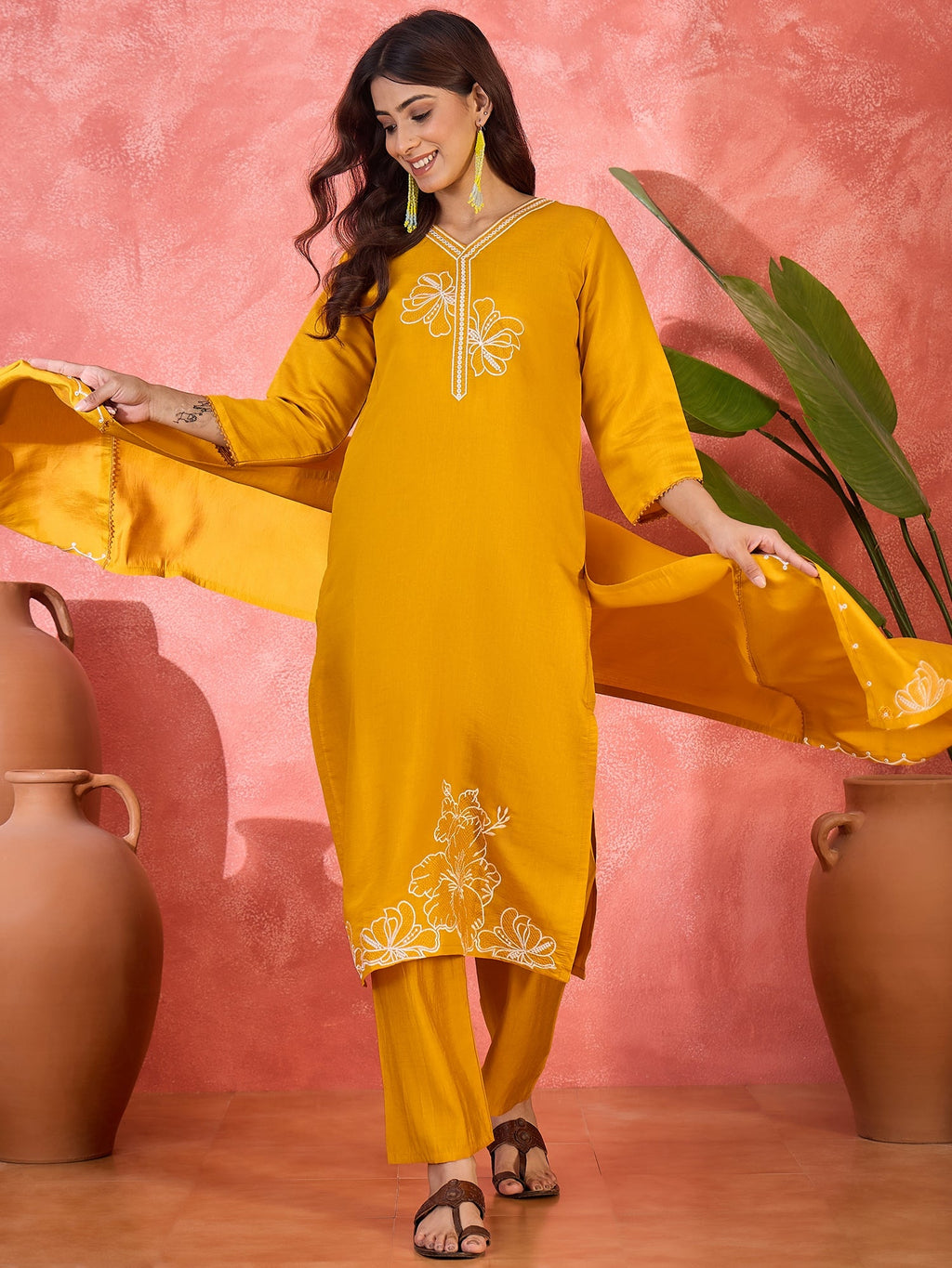 Joban Fashion Yellow Silk Embroidery Readymade Kurta Set - Distacart