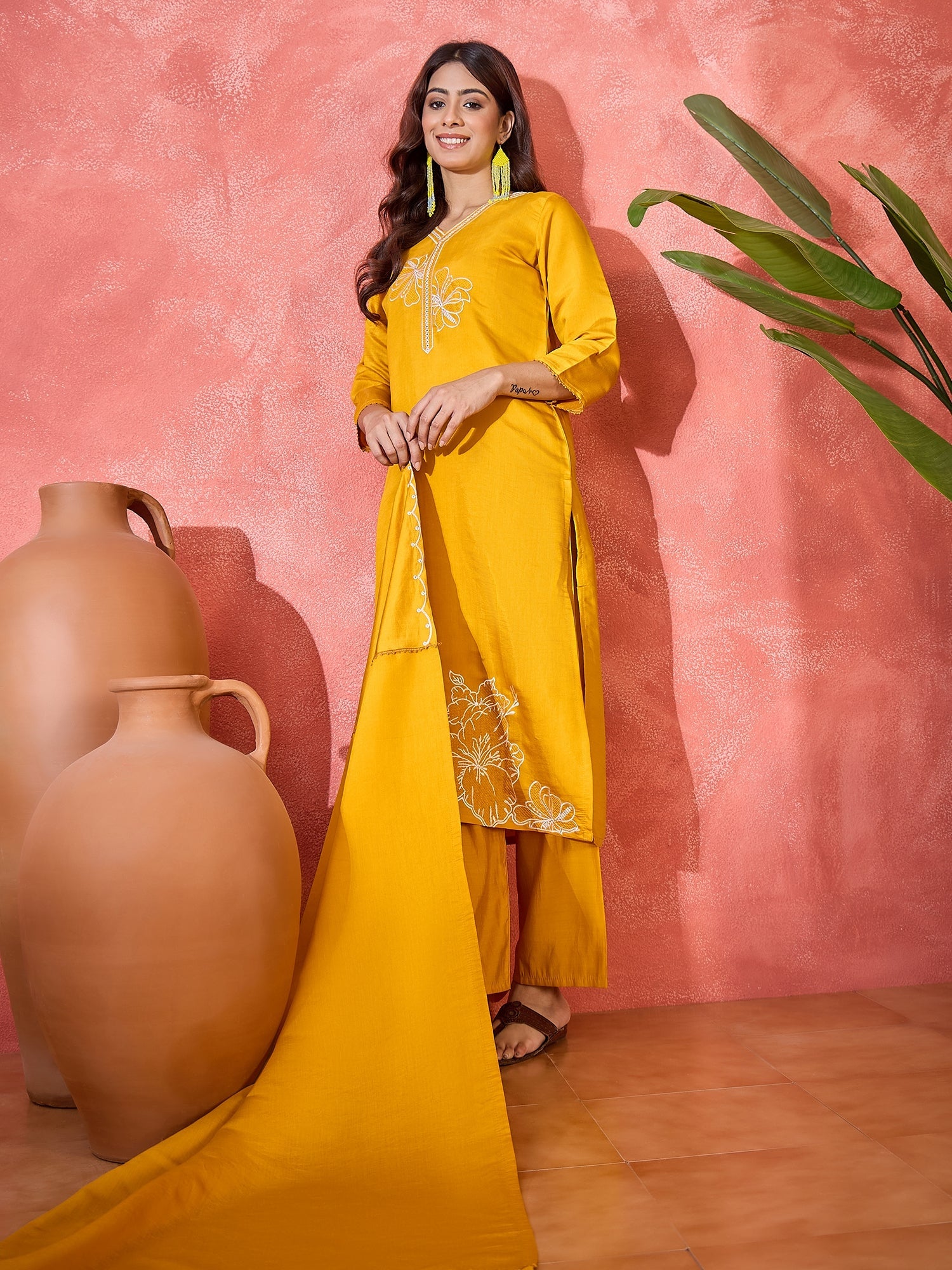 Joban Fashion Yellow Silk Embroidery Readymade Kurta Set - Distacart