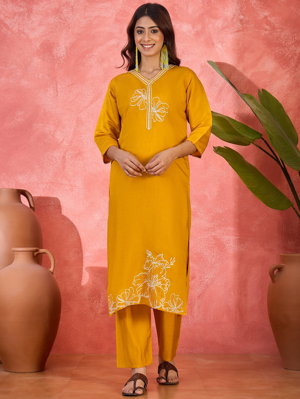 Joban Fashion Yellow Silk Embroidery Readymade Kurta Set - Distacart