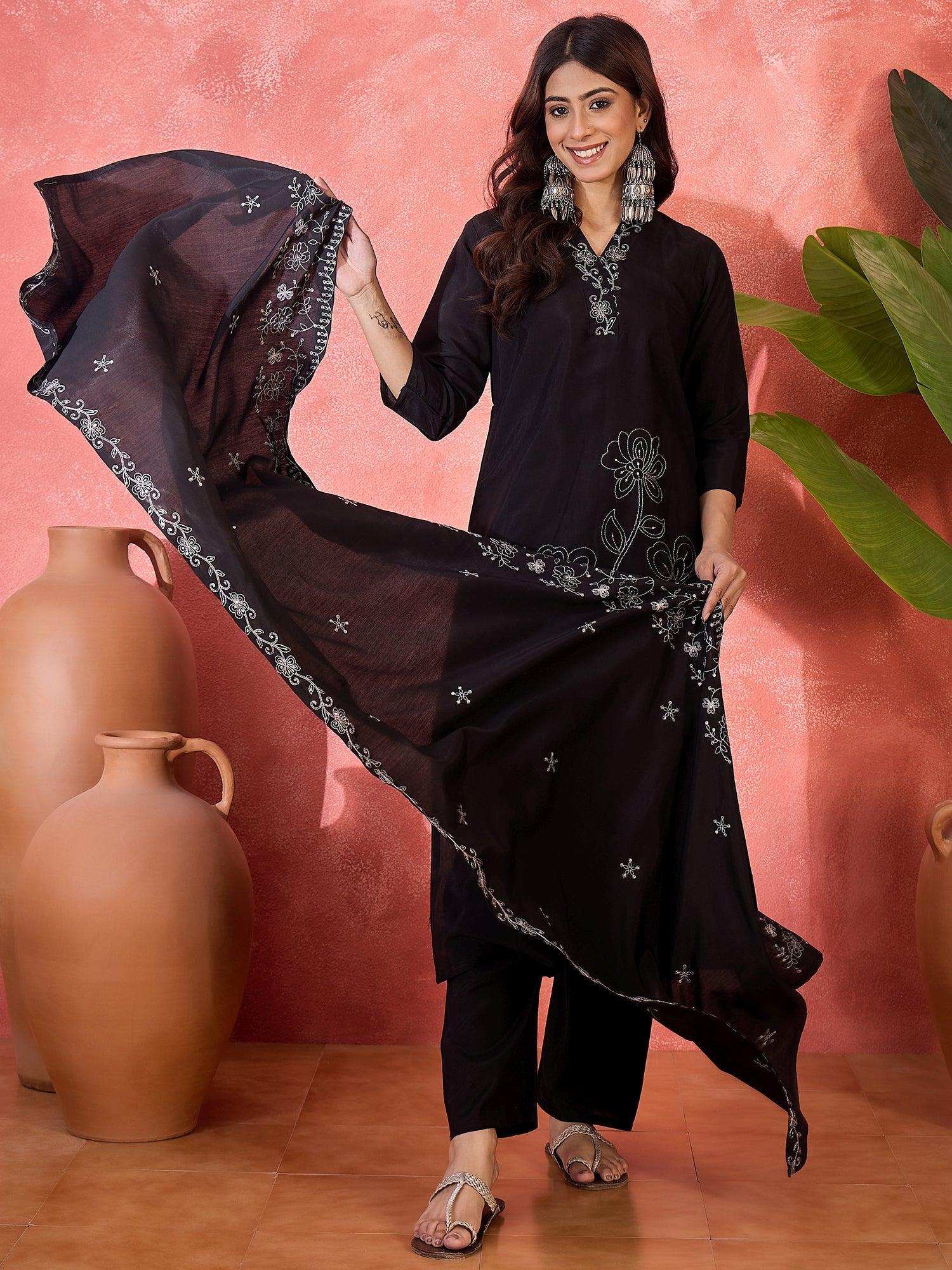 Joban Fashion Black Silk Embroidery Readymade Kurta Set - Distacart